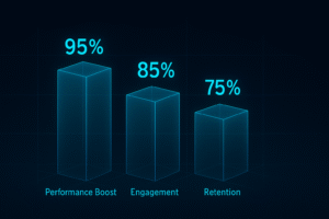 Three 3D glowing bar charts labeled Performance Boost (95%), Engagement (85%), and Retention (75%), floating on a dark gradient grid background in Morphycs’ tech-forward style.