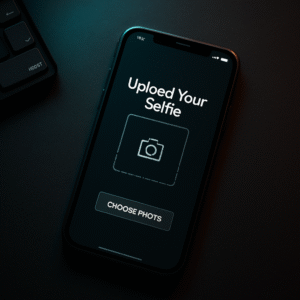 Top-down photo of a smartphone on a dark desk with teal ambient lighting, showing the “Upload Your Selfie” interface—an entry point for Morphycs’ transformation workflow.