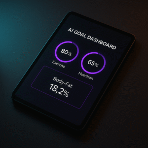 A tablet lies on a dark desk, its screen lit by violet neon rings showing 80% Exercise, 65% Nutrition, and a Body-Fat reading of 18.2%, forming a high-tech Morphycs progress dashboard.