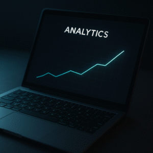 A futuristic laptop screen shows a glowing mint analytics line graph rising steadily on a dark UI, signaling performance growth within the Morphycs platform.